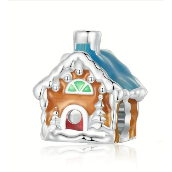 Silver Blue Gingerbread House Charm Bead - Picture 1 of 3